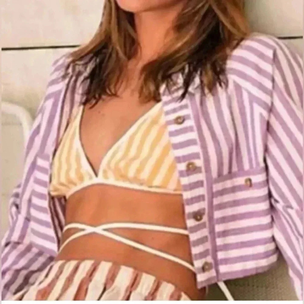 Free People Women’s Size Small Striped Triangle Wrap Around Crop Top Bralette